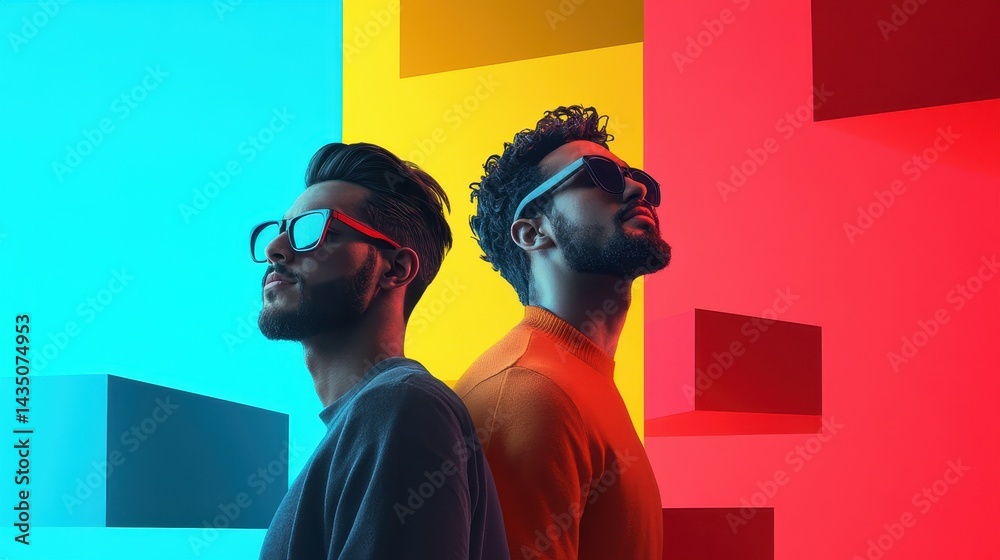 Two stylish men with sunglasses pose back-to-back against vibrant blue and yellow backgrounds, showcasing contemporary fashion and bold colors.