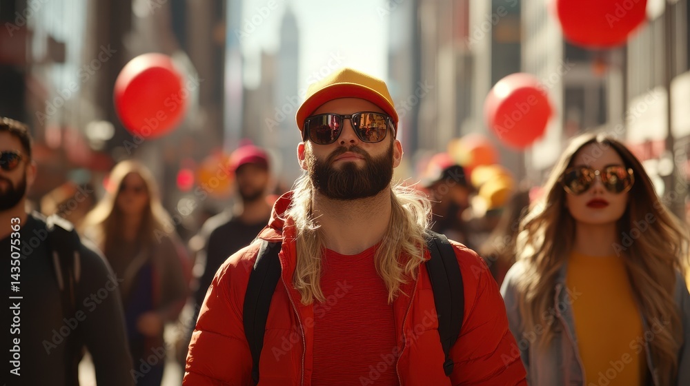 A vibrant street scene featuring a group of diverse individuals wearing sunglasses and colorful outfits, with red balloons adding to the festive atmosphere.