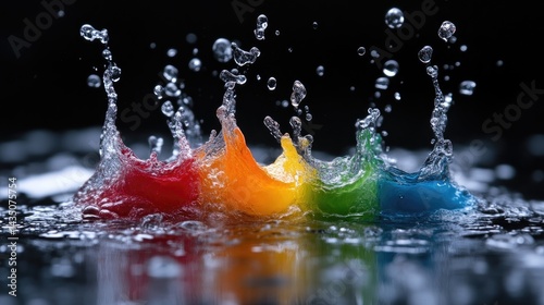 Colorful water splashes on a dark background.  Multiple vibrant colored drops of water create dynamic splashes and ripples in the water.  The colors are arranged in a rainbow spectrum,