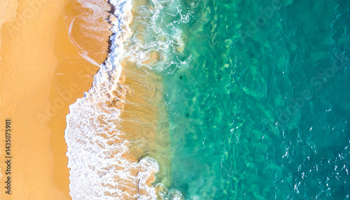 Fototapeta Naklejka Na Ścianę i Meble -  Overhead photo of crashing waves on the shoreline  beach. Tropical beach surf. Abstract aerial ocean view