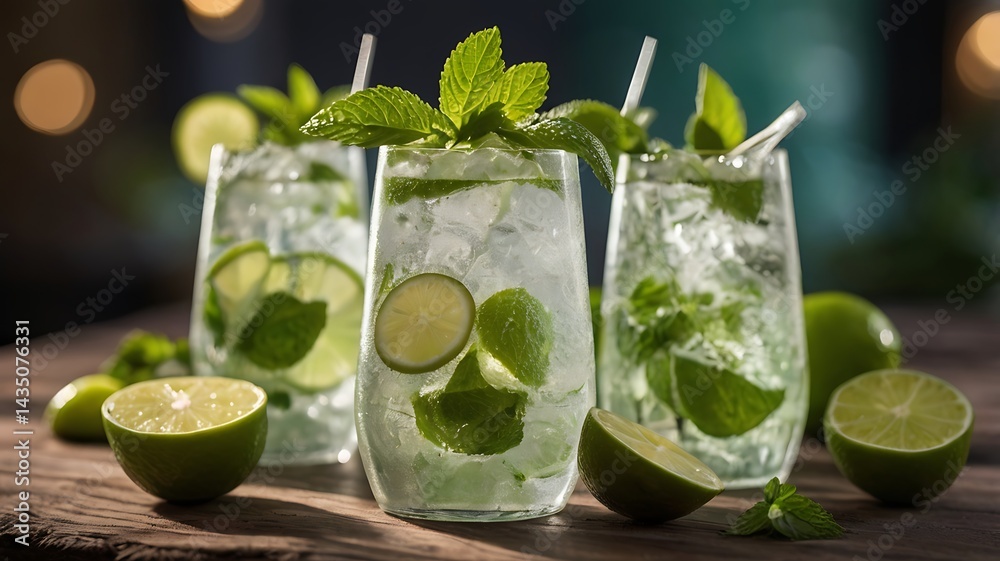 A refreshing virgin mojito with sparkling water, fresh lime, and mint leaves A refreshing virgin mojito with sparkling water, fresh lime, and mint leaves