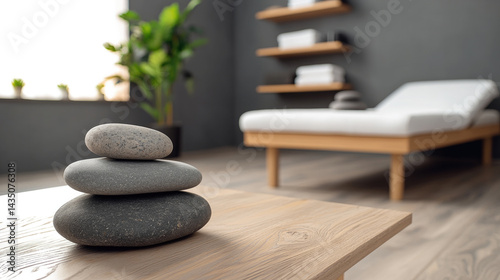 Stacked smooth stones on wooden table in modern minimalist spa room with lounge chair, green plant, and shelves, creating calm and relaxing atmosphere