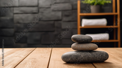 Zen stones stacked on wooden table with blurred black stone wall and shelf with towels and plant in background, creating calm and peaceful spa atmosphere