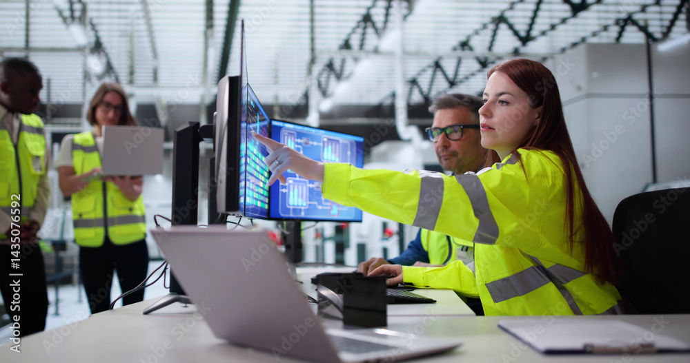 Engineer Operator Monitors SCADA System At Industrial Plant