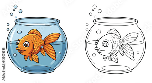 Goldfish in Bowl: Cartoon illustration of an orange goldfish swimming happily in a round glass bowl, perfect for children's books or educational materials.