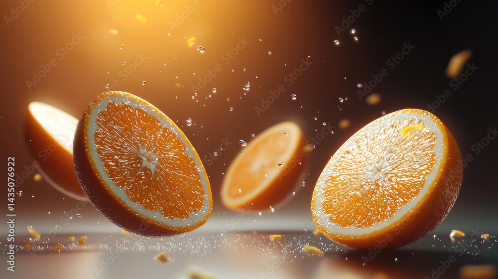 Fresh orange slices float in midair with vibrant juice droplets and zest, illuminated by warm light, creating dynamic and refreshing scene