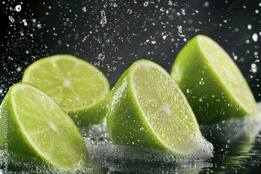 Fresh limes in water, splashing with bubbles, vibrant green citrus fruit, juicy and refreshing, close up, healthy and natural, summer mood