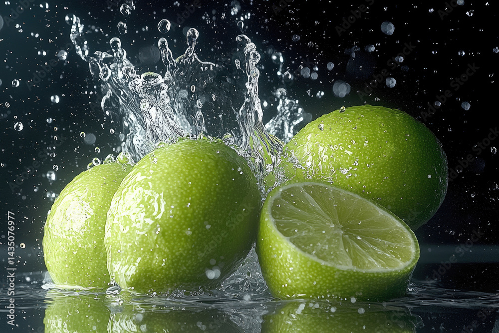 Fresh limes splashing in water, vibrant green citrus fruit with water droplets, refreshing and energetic mood, close up on black background