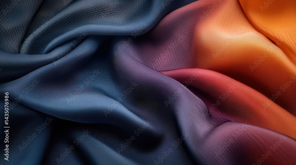 A close-up view of elegantly draped fabric showcasing rich gradients of blue, purple, and orange colors, creating a soft, textured appearance.