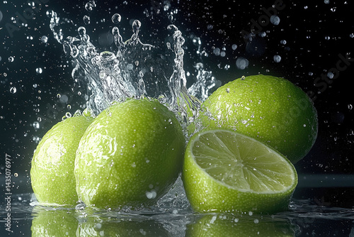 Obraz na płótnie Fresh limes splashing in water, vibrant green citrus fruit with water droplets, refreshing and energetic mood, close up on black background w salonie