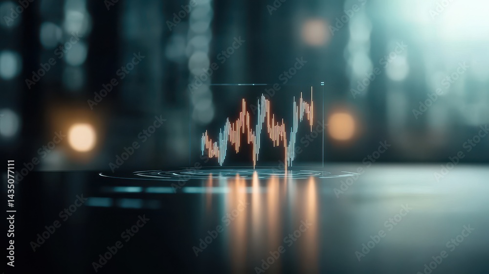 A digital graph displays fluctuating data trends in a modern, high-tech environment, illuminated by soft light reflections.