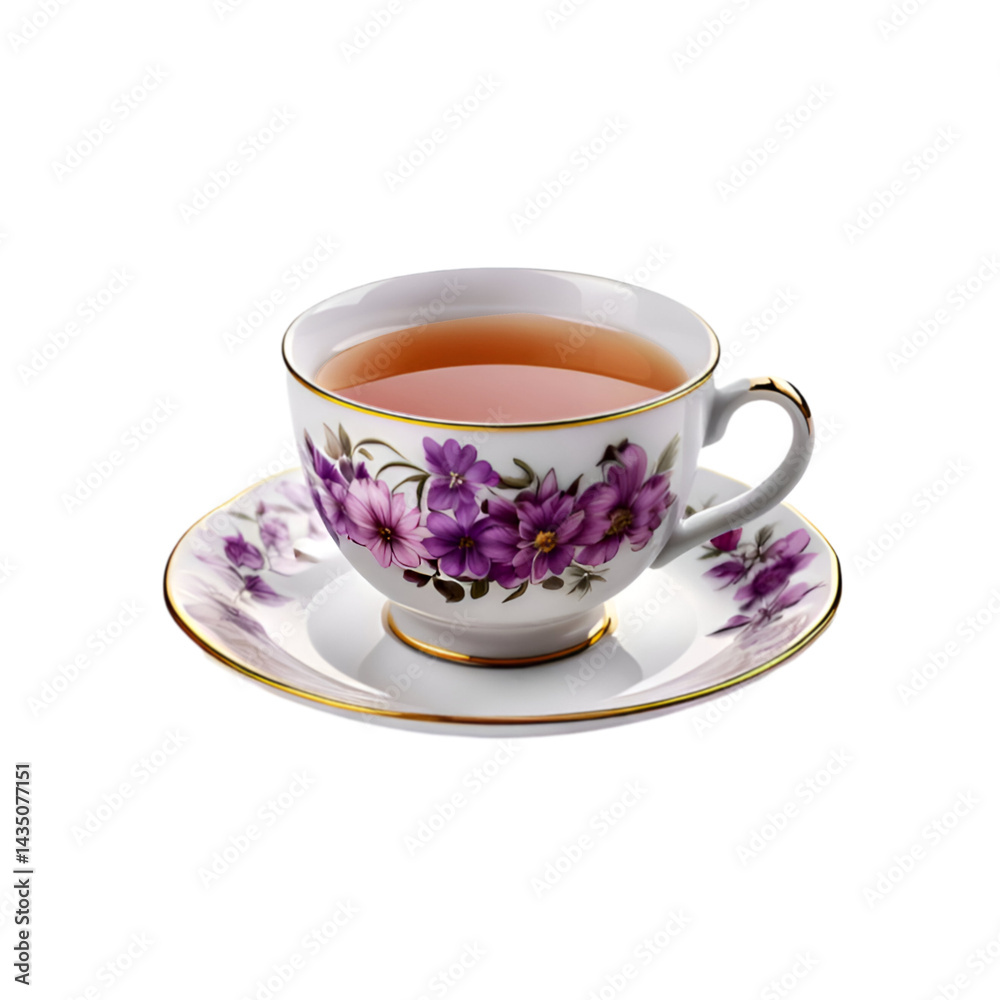 Purple floral design cup and plate with tea on transparent background Purple floral design cup and plate with tea on transparent background