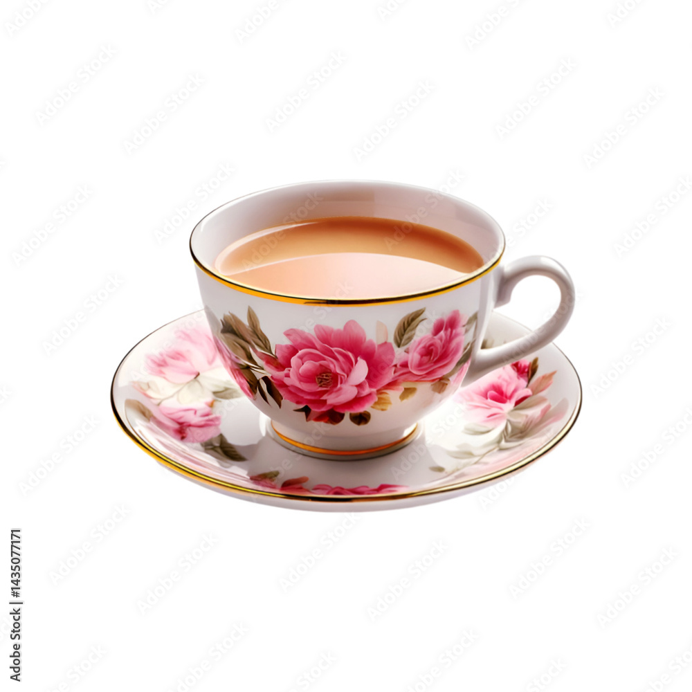 Fototapeta premium Pink floral design cup and plate with milk tea on transparent background