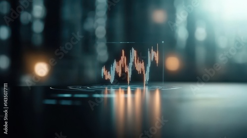 A digital graph displays fluctuating data trends in a modern, high-tech environment, illuminated by soft light reflections.