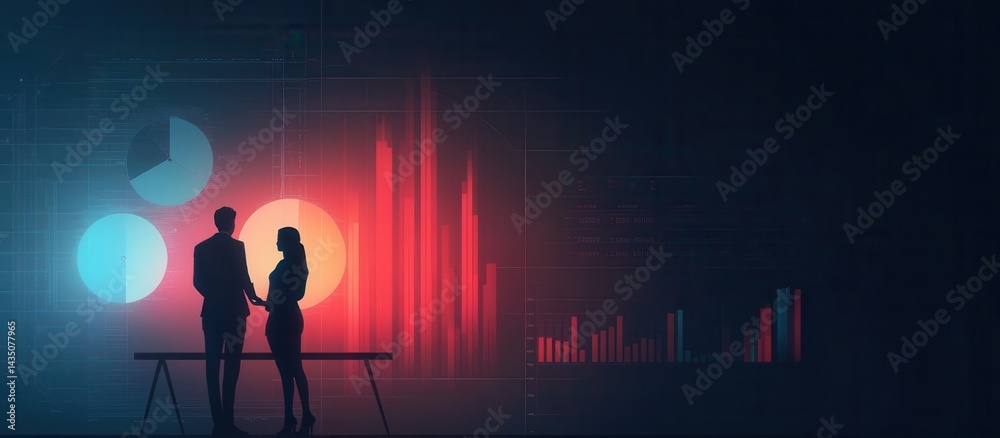 Two silhouetted figures stand before digital graphs and charts, representing business analysis and data-driven decisions in a modern setting.
