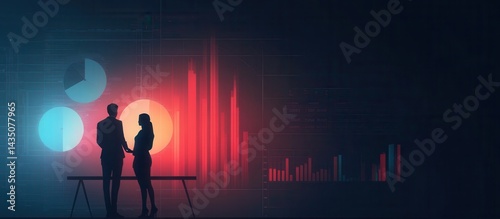 Obraz na płótnie Two silhouetted figures stand before digital graphs and charts, representing business analysis and data-driven decisions in a modern setting. w salonie