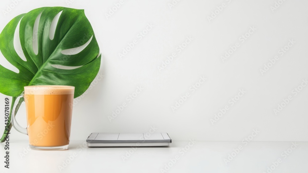 A minimalist scene featuring a cup of coffee and a large green leaf against a clean, white background.