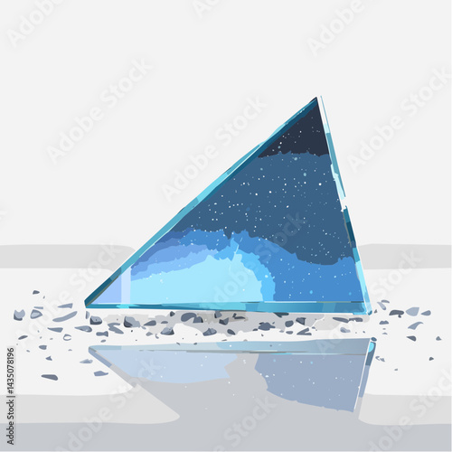 A jagged shard of mirror reflecting a stormy sky, laid on a dusty floor with tiny glass splinters scattered like stars around it.
