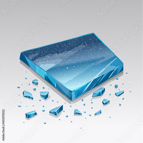A jagged shard of mirror reflecting a stormy sky, laid on a dusty floor with tiny glass splinters scattered like stars around it.
