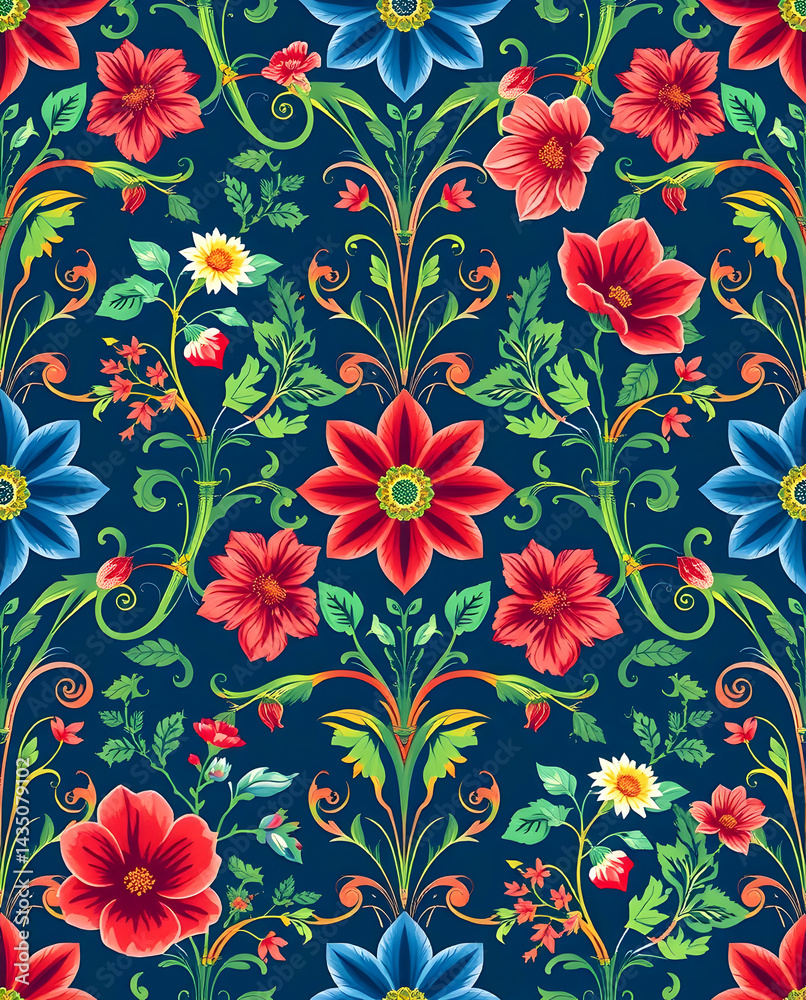 Elegant Damask wildflowers in vivid colors create a seamless pattern. Elegant Damask wildflowers in vivid colors create a seamless pattern.