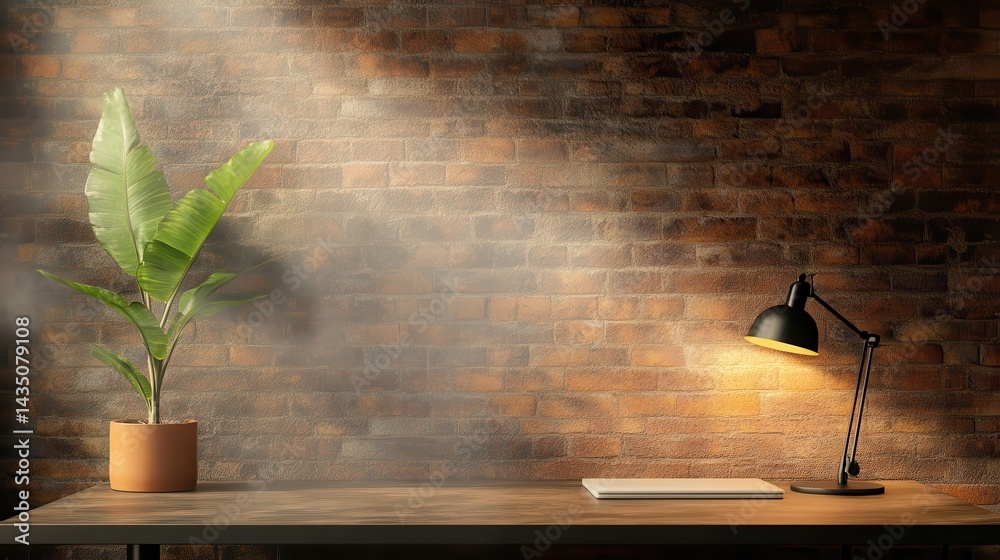 A cozy workspace featuring a potted plant and a desk lamp against a rustic brick wall, creating a warm and inviting atmosphere.