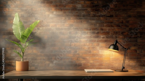 Obraz na płótnie A cozy workspace featuring a potted plant and a desk lamp against a rustic brick wall, creating a warm and inviting atmosphere. w salonie