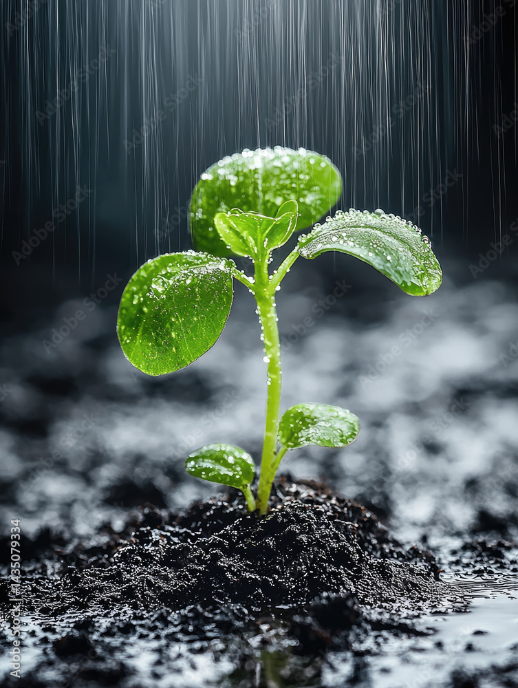 Young green plant seedling with water droplets on leaves growing in moist soil under gentle rain, symbolizing growth, freshness, and new beginnings in nature