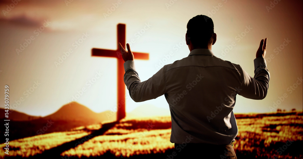 Man Praying To God's Light. Silhouette Of A Man Kneeling In Prayer