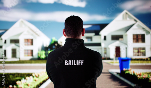 Obraz na płótnie Hispanic Bailiff Man Standing In Front Of At House Entrance w salonie