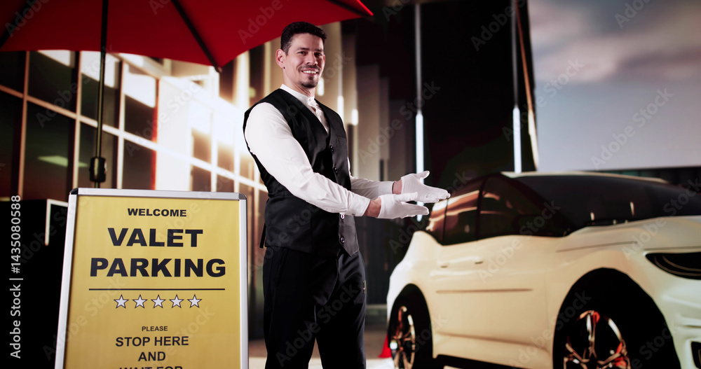 Portrait Of A Happy Young Male Valet Pointing