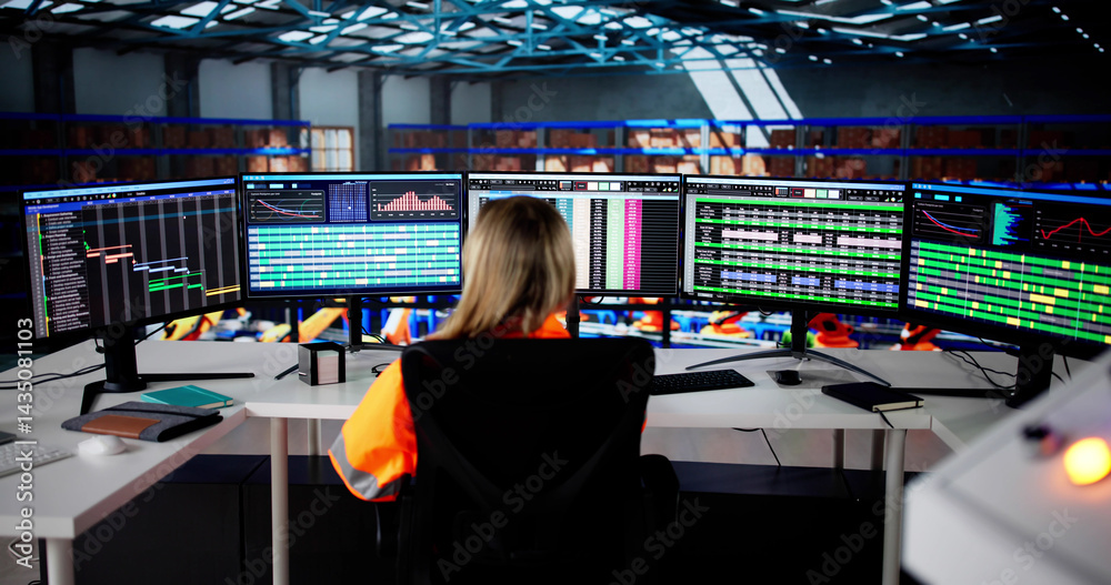 Young Female Warehouse Manager Using Computer