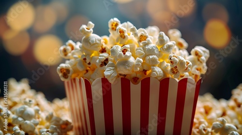 Freshly popped popcorn overflowing from a vintage popcorn box.