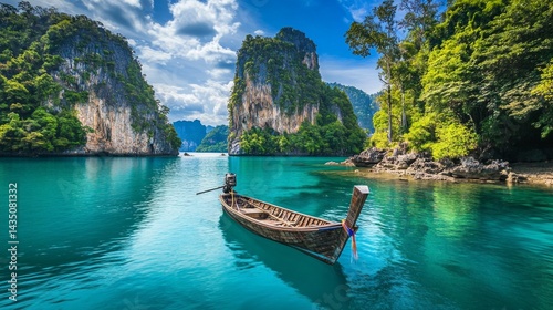 Serene boat journey through turquoise waters stunning limestone cliffs nature landscape tropical paradise aerial view adventure