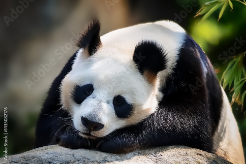 Ein Pandabär schläft auf einem Stein photo