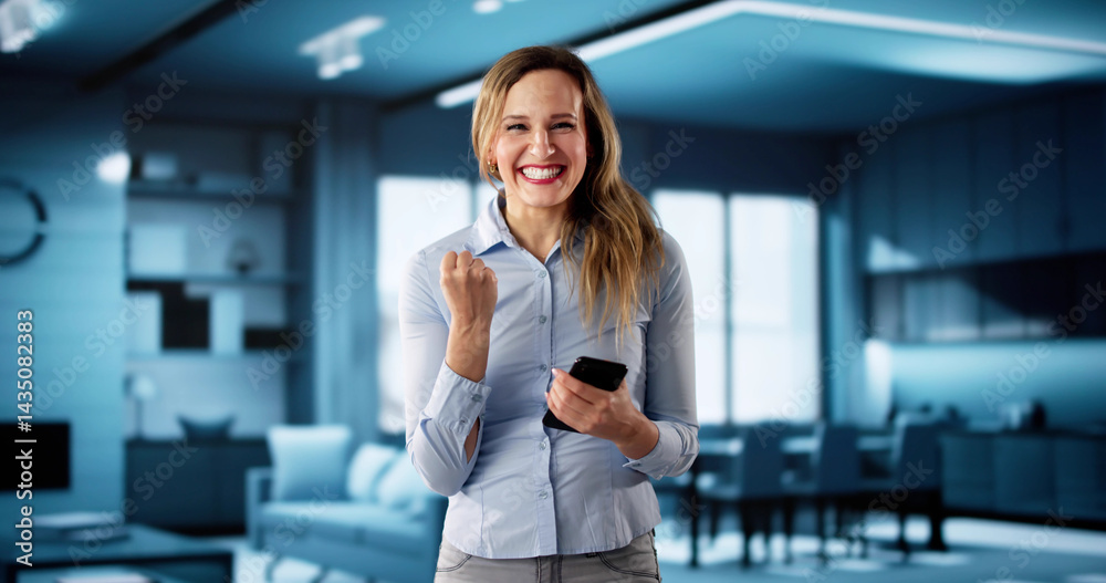 Excited Young Woman Celebrates Win On Cellphone Against Blue Background