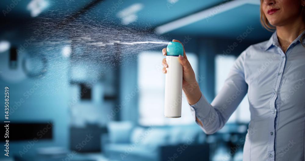 Woman Refreshing Living Room With Air Freshener Spray