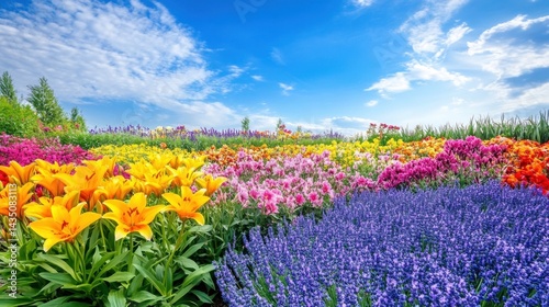 Vibrant flower garden under a vibrant blue sky