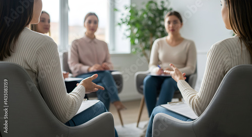 Group Therapy Session with Diverse Women Sharing Emotions in a Circle Arrangement in Bright Room