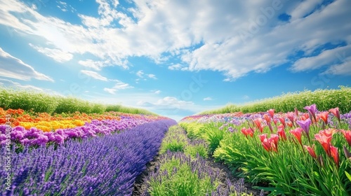Vibrant flower fields under a vibrant sky