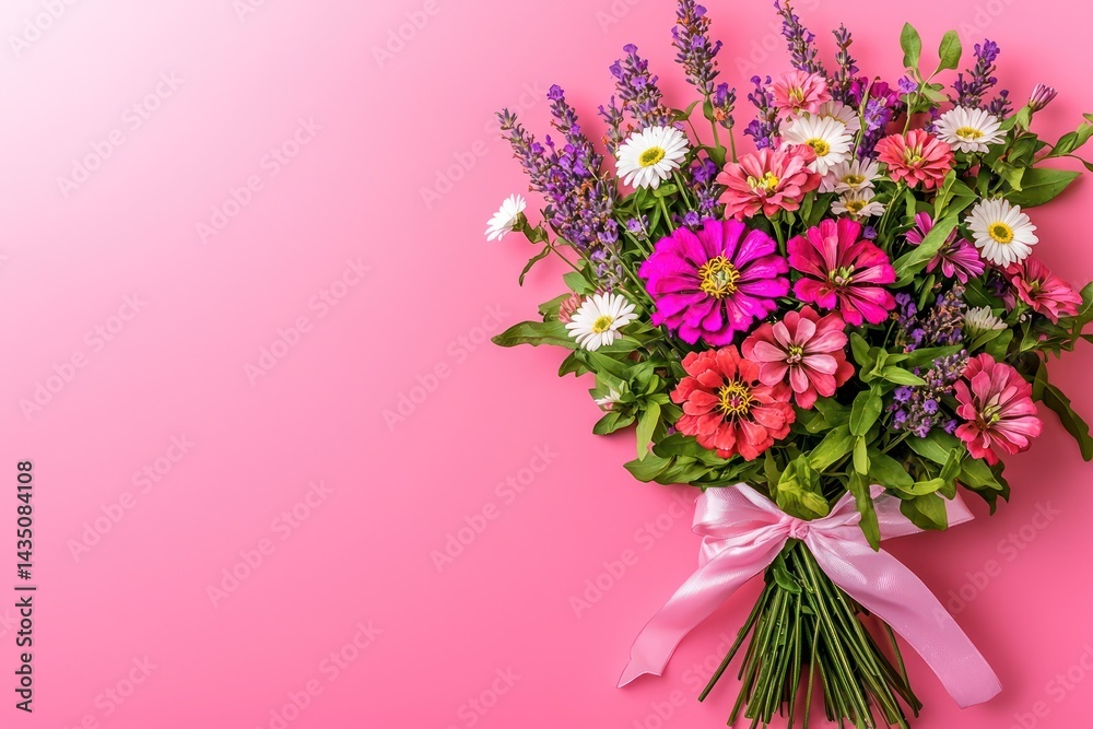 Diagonal wildflower bouquet of lavender, daisies, and bright pink zinnias, tied with a delicate ribbon, isolated on a fuchsia pink background with clean negative space Diagonal wildflower bouquet of lavender, daisies, and bright pink zinnias, tied with a delicate ribbon, isolated on a fuchsia pink background with clean negative space