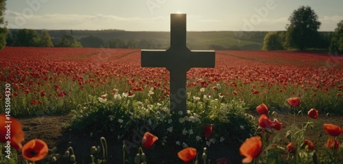 The cross on the grave of a WWII soldier stands in the middle of a poppy field