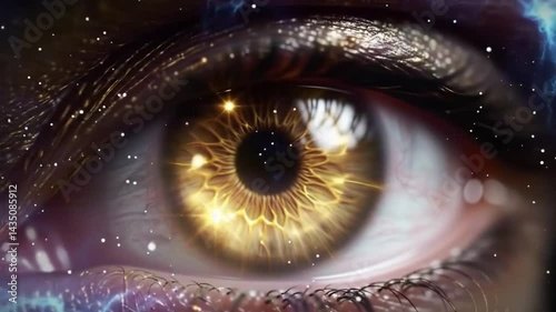 Extreme close-up of a human eye reflecting a cosmic galaxy with vivid colors and intricate details.