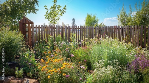 Fototapeta Naklejka Na Ścianę i Meble -  Vibrant garden with wooden fence