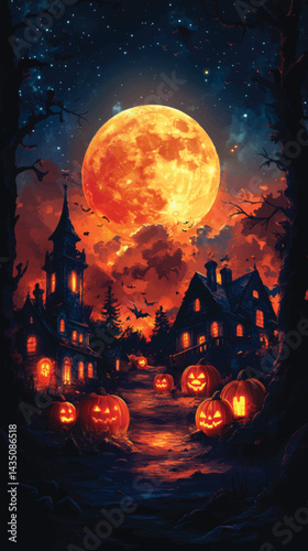  Dark Forest Town Lit with Pumpkin Lanterns.