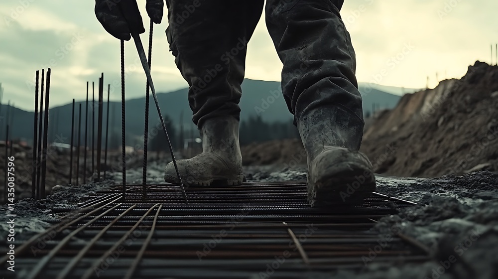 Construction Worker Walking on Rebar Grid Construction Worker Walking on Rebar Grid