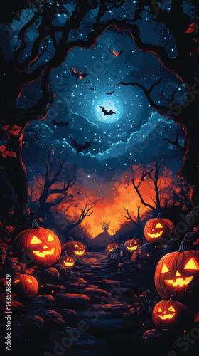 Jack-o’-Lanterns in Twilight Forest Path.