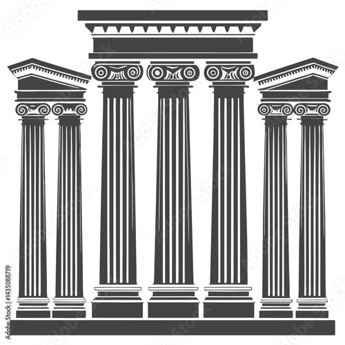 Architectural Illustration of a Greek Temple Facade Featuring Ionic Columns, Entablature, and Pediments

