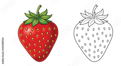 Strawberry Illustration: A vibrant illustration featuring a red strawberry with green leaves, accompanied by a line art version for coloring. This pair is perfect for educational resources.