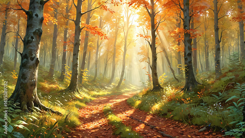 Sunlit Autumn Forest Path Magical Fall Woods Digital Painting