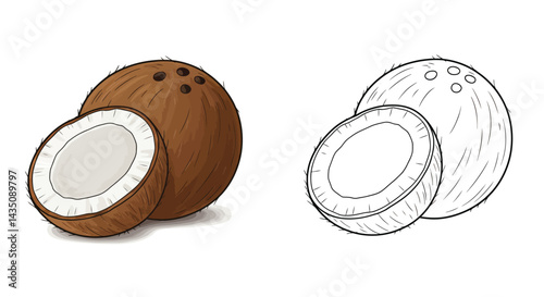 Coconut Illustration: A detailed and charming illustration of a whole coconut with a half-cut coconut revealing the white flesh, rendered in both color and line art style.